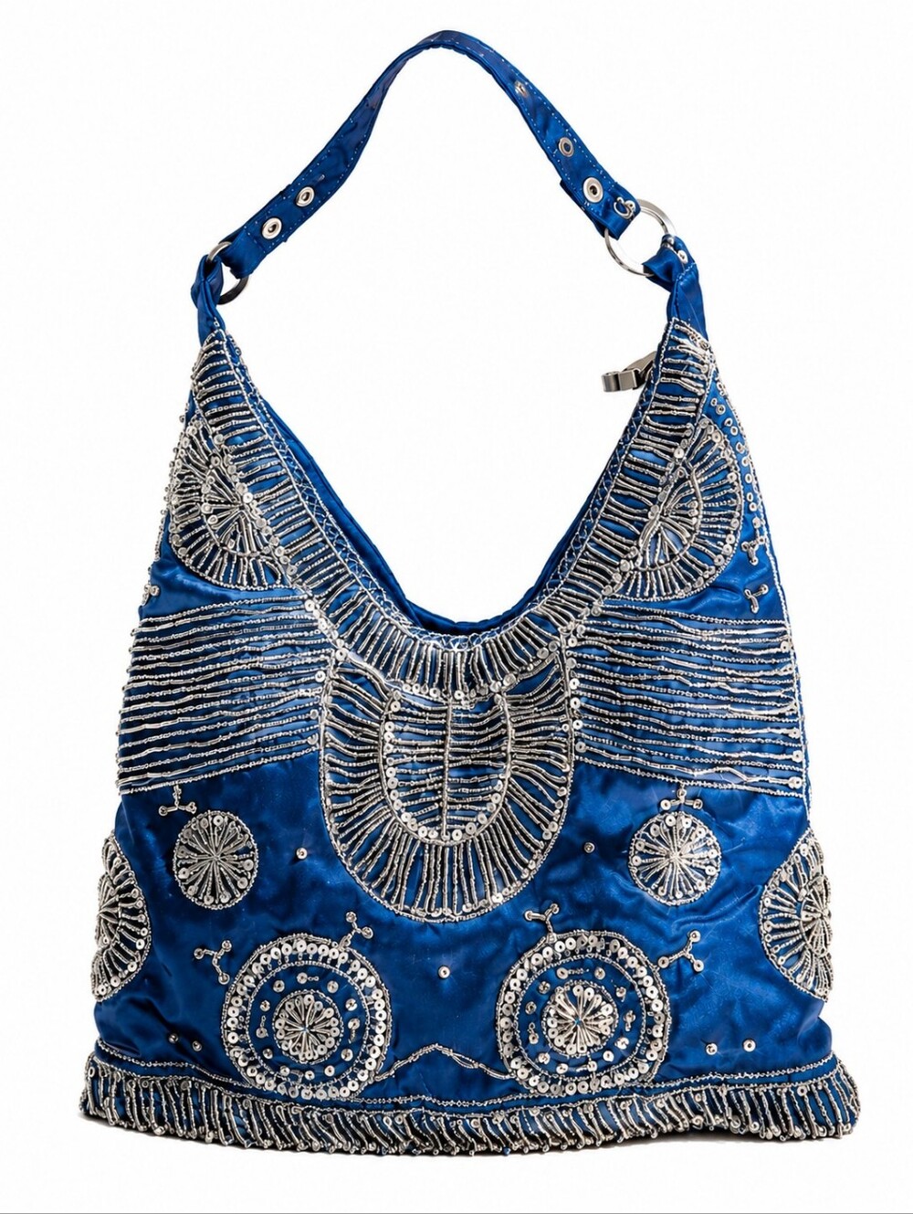 Beaded Satin Hobo Bag Purse Silver Sequins Fringe